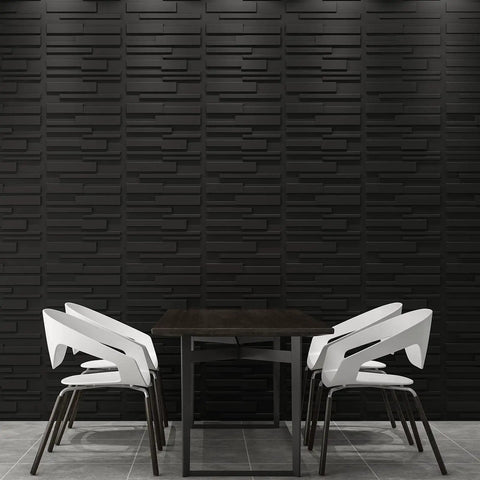 Interior with 12 Pack 3D Wall Panels For Indoor Decor In Carbon Black 19.7 X 19.7 Inches Lightweight PVC Fire Resistant DIY Friendly Kit