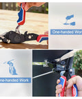 Rugged Steel Strapping Banding Tool Featuring A Quick Pull Tensioner And Inline Cutter For Wrapping Cargo with foldable handle in use.