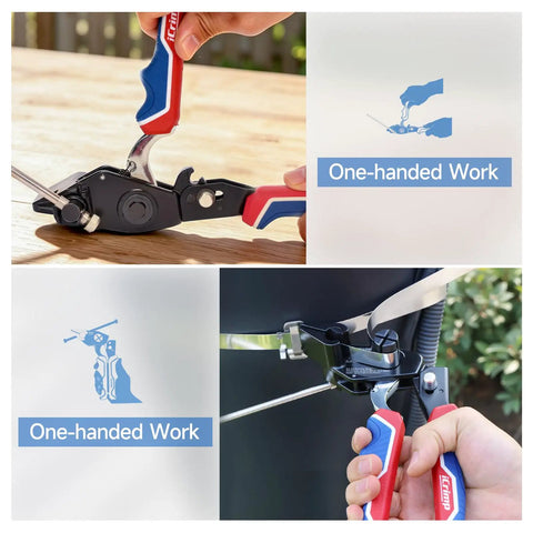 Rugged Steel Strapping Banding Tool Featuring A Quick Pull Tensioner And Inline Cutter For Wrapping Cargo with foldable handle in use.
