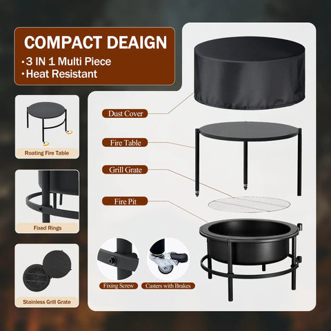 Diagram showing 52 Inch Outdoor Wood Burning Fire Pit Table Combo With 28 Inch Bowl And 26 Inch Rotating Table components.