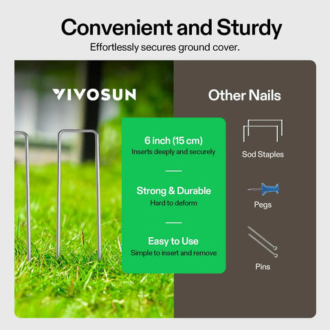 6 Inch Landscape Staples 100 Pack Heavy Duty Workhorse Galvanized Steel Garden Stakes 11 Gauge U Shaped Pins in grassy area.