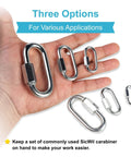 Hand holding Heavy Duty Chain Quick Links Set With Locking Carabiners Galvanized Steel Screw Locks Three Sizes M3.5 M5 M8