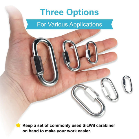 Hand holding Heavy Duty Chain Quick Links Set With Locking Carabiners Galvanized Steel Screw Locks Three Sizes M3.5 M5 M8
