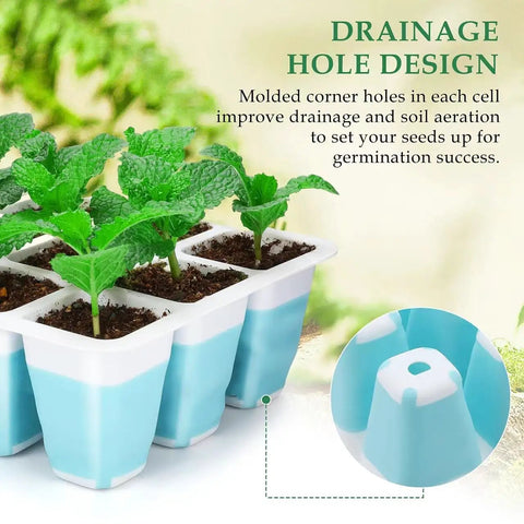 Close-up of 5 Piece Reusable Seed Starter Tray Kit With 60 Cells And Pro Grade Flexible Pop Out Silicone Cells For Easy Transplanting