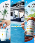 Premium 7 In 1 Pool And Hot Tub Test Strips For Crystal Clear Water Chlorine Bromine PH Alkalinity Fast Results instructions.
