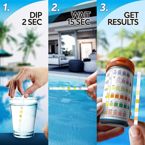 Premium 7 In 1 Pool And Hot Tub Test Strips For Crystal Clear Water Chlorine Bromine PH Alkalinity Fast Results instructions.