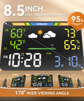 Smart Weather Station With 8.5 Inch LED Display For Indoor Outdoor Use WiFi Enabled Wireless Dual Power Atomic Clock Temperature And Humidity Monitor No App Needed Browser Based Dashboard For Home Or Office showing temperature and humidity readings.