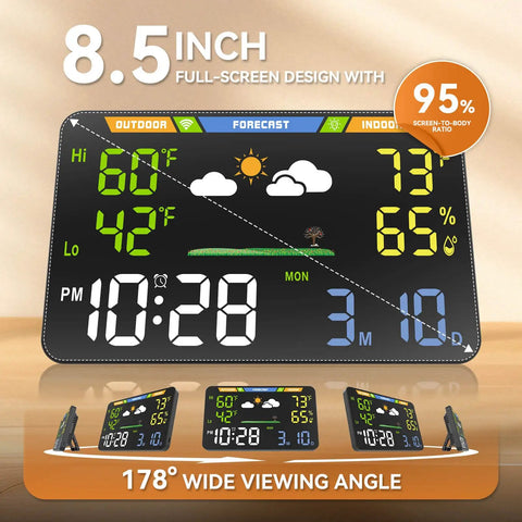 Smart Weather Station With 8.5 Inch LED Display For Indoor Outdoor Use WiFi Enabled Wireless Dual Power Atomic Clock Temperature And Humidity Monitor No App Needed Browser Based Dashboard For Home Or Office showing temperature and humidity readings.