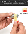 Hands applying Teflon seal thread tape to metal fitting for gas appliance hook up kit with brass ball valve and 22 inch stainless flexible connector.