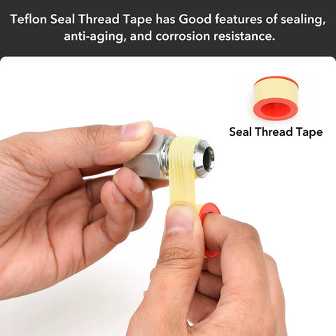 Hands applying Teflon seal thread tape to metal fitting for gas appliance hook up kit with brass ball valve and 22 inch stainless flexible connector.