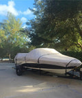 Heavy Duty Boat Cover For Triumph V15 Cool 2002 Model, 600 Denier Breathable Urethane Coated Marine Canvas, on trailer