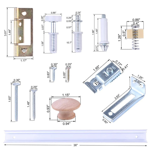 36 Inch Bifold Door Hardware Kit With One Piece Track Includes Tools showing metal and wood components for easy door repair.