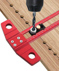Double Scale T Square Ruler Aluminum Measuring Tool for Inches and Metric in use with drill on wooden board