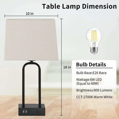 Must-Have Set Of 2 Modern Touch Lamps With Dual USB Ports And AC Outlet, 3-Way Dimmable Black Desk Lamp dimensions and bulb details