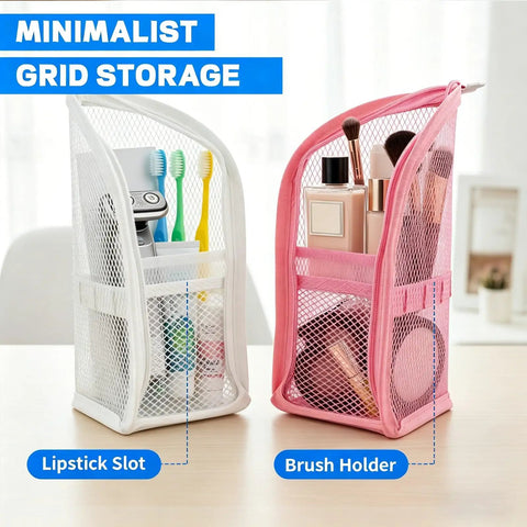 Two Pack Upright Standing Travel Toiletry Organizer Bags Waterproof Clear Translucent Makeup Case on table