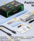 Heavy Duty M2 Nvme Enclosure With Badass Cooling Fan 40 Gbps Usb 4 Hard Drive Case components arranged for packing list.