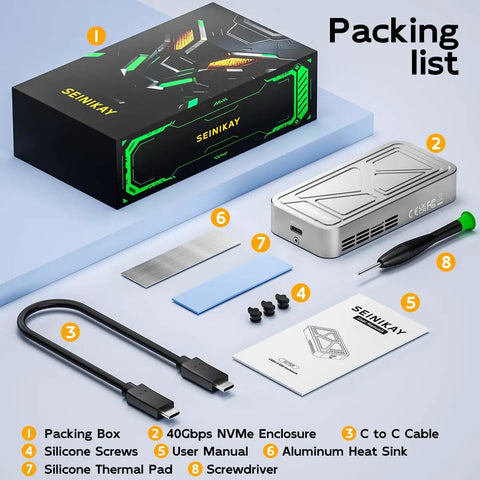Heavy Duty M2 Nvme Enclosure With Badass Cooling Fan 40 Gbps Usb 4 Hard Drive Case components arranged for packing list.