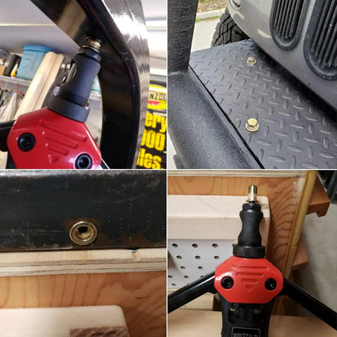 Rivet Nut Tool Kit With 11 Mandrels And 110 Rivet Nuts shown in use on metal and wood surfaces, including close-up details.