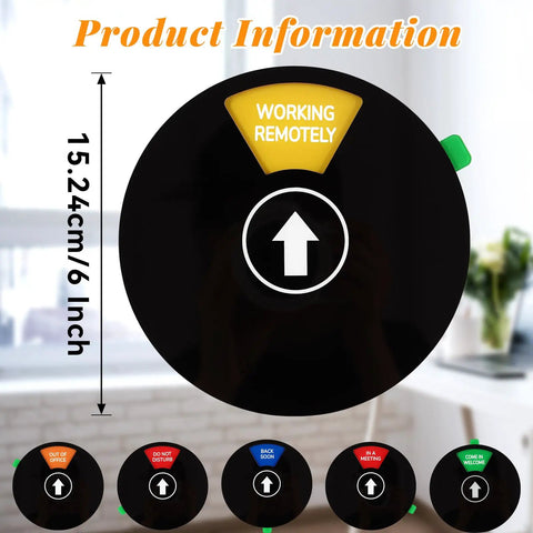 Six Color Coded 6 Inch Black Round Door Sign For Your Work Space Privacy shown with 'Working Remotely' status