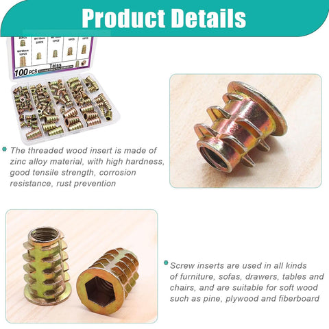 100Pcs Wood Threaded Inserts Kit In Six Sizes M4x8 M4x10 M5x10 M6x10 M6x15 M8x20 Hex Socket Drive Furniture Cabinet Screws