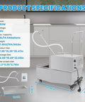 Heavy Duty Commercial Fryer Oil Filter 550W 110V Stainless Steel with specifications and dimensions in a kitchen setting.