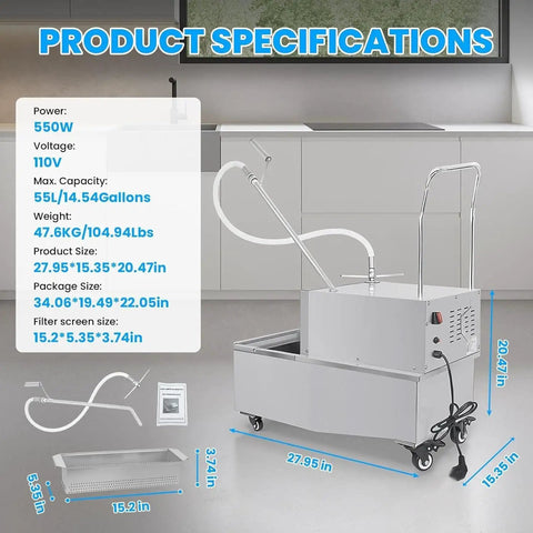 Heavy Duty Commercial Fryer Oil Filter 550W 110V Stainless Steel with specifications and dimensions in a kitchen setting.