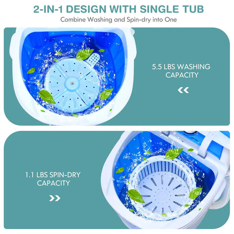 Compact Portable Washing Machine, 5 Point 5 Lb Mini Washer And Spinner Combo with 5.5 lbs washing tub and 1.1 lbs spin-dry capacity.