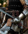 Knight wearing PU Leather Medieval Sword Dagger Frog Scabbard With Adjustable Rope Vintage Style on armor belt, brown