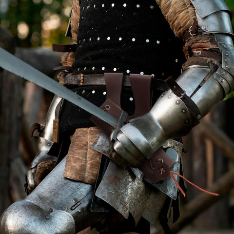 Knight wearing PU Leather Medieval Sword Dagger Frog Scabbard With Adjustable Rope Vintage Style on armor belt, brown