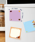 18 Pack Dog Themed Sticky Notes With Lines, 35 Sheets Each, 630 Total Sheets on refrigerator, showing dimensions.