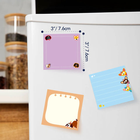 18 Pack Dog Themed Sticky Notes With Lines, 35 Sheets Each, 630 Total Sheets on refrigerator, showing dimensions.