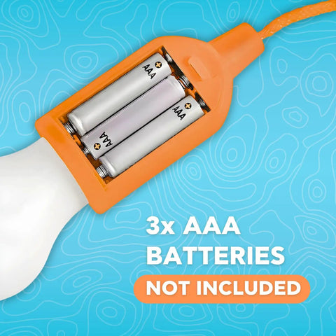 Close-up of orange hanging LED light showing 3 AAA batteries space, 4 Hanging LED Lights For Kids Safe Treehouse And Playhouse Use Indoor And Outdoor Battery Powered Lamps With Easy Pull Chain Perfect For Camping Tents Backyard Fun.