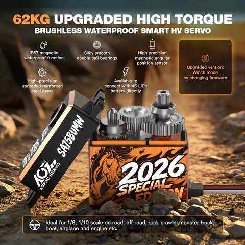Beefed Up 62Kg Brushless RC Servo Motor With Full Metal Gear 0.092s High Speed At 16.8V Programmable Smart Servo For 1 To 10 And 1 To 8 RC Cars And Trucks Limited 2026 Edition Black And Orange Shell With Laser Engraved Horse Individually Numbered on display with internal gears visible.