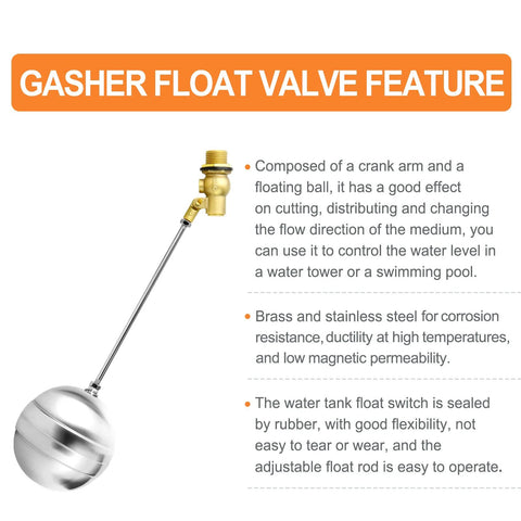 3/4 inch float ball valve with brass body and stainless steel float, ideal for water tower and pool level control applications.