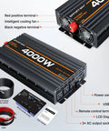 Badass 4000W Power Inverter Switching 12V DC To 110V AC With Modified Sine Wave Action showing ports, fans, and cables.