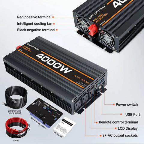 Badass 4000W Power Inverter Switching 12V DC To 110V AC With Modified Sine Wave Action showing ports, fans, and cables.