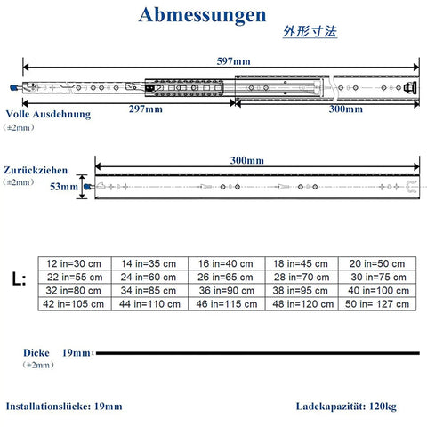 Diagram of Beefy Heavy Duty Telescopic Drawer Slides With Full Extension Ball Bearing Rails, dimensions and capacity shown.