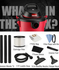 Heavy Duty 6 Gallon Wet Dry Vacuum With 3.0 Peak HP shown with filters, hose, wand attachments, and nozzles displayed.