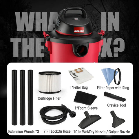 Heavy Duty 6 Gallon Wet Dry Vacuum With 3.0 Peak HP shown with filters, hose, wand attachments, and nozzles displayed.
