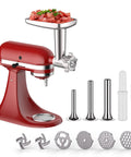 Front view of COFUN metal meat grinder attachment for KitchenAid stand mixer; red housing with chrome grinder head and discs.
