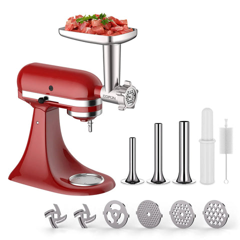 Front view of COFUN metal meat grinder attachment for KitchenAid stand mixer; red housing with chrome grinder head and discs.