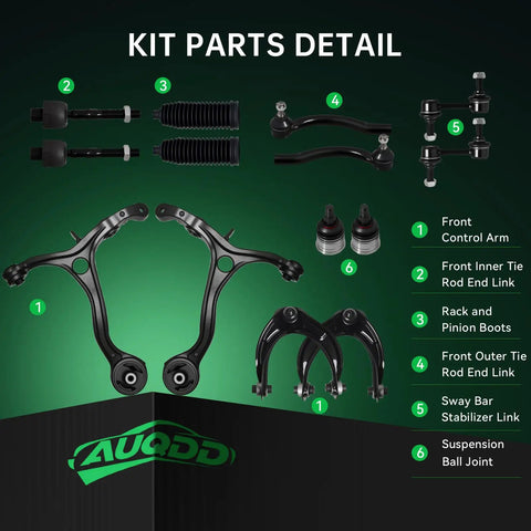 Front End Suspension Kit for 2008 Through 2012 Honda Accord Complete 14 Piece Set Includes Front Lower And Upper Control Arms Sway Bar Links Ball Joints And Tie Rod Ends For A DIY Friendly Bolt In Upgrade, displayed with part numbers on green background.