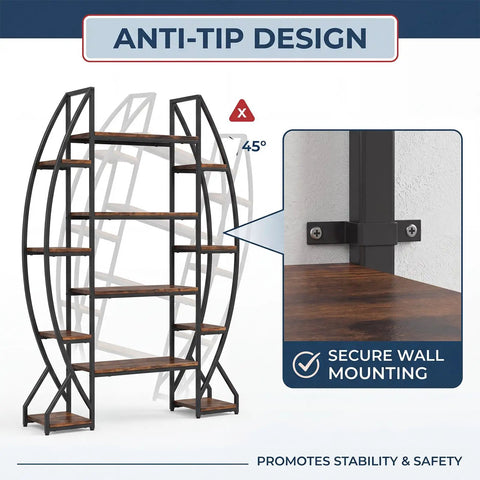 Industrial Oval Etagere Bookshelf With Triple Wide Design and anti-tip wall mounting for stability and safety.