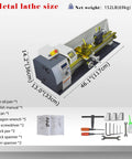 Jaryannix Metal Bench Lathe 8 by 32 Inch Mini Benchtop Engine Turner with controls size and accessories illustrated.