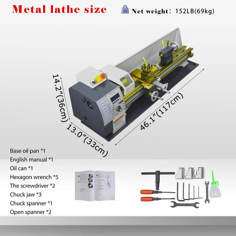 Jaryannix Metal Bench Lathe 8 by 32 Inch Mini Benchtop Engine Turner with controls size and accessories illustrated.