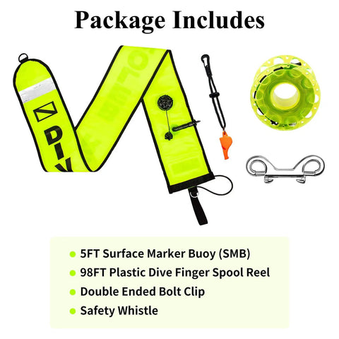 Five-Foot Scuba Surface Marker Buoy With Safety Sausage, 98-Foot Finger Spool Reel, Double Ended Hook Clip And Emergency Whistle