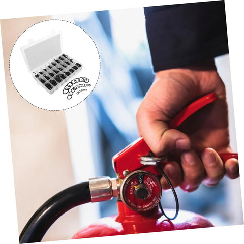 1200 Pcs NBR O Ring Assortment Kit Rubber Seal Rings For Plumbing And Auto Repair Leak Stop Gaskets shown near fire extinguisher