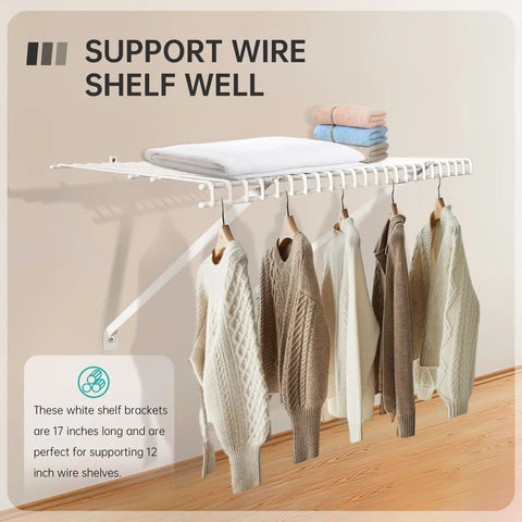 2 Pack 12 Inch White Finish Wire Shelf Brackets Heavy Duty Closet Support With Anchors And Screws Sturdy Metal Wall Mount Hardware displaying clothing.