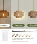 Downright Stunning Handwoven Rattan Pendant Light That Definitely Gives A Super Chill Boho Vibe And Lets Smooth Ambient Lighting Warm Up Your Cozy Kitchen Island - light effect demonstration