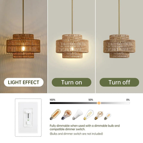 Downright Stunning Handwoven Rattan Pendant Light That Definitely Gives A Super Chill Boho Vibe And Lets Smooth Ambient Lighting Warm Up Your Cozy Kitchen Island - light effect demonstration